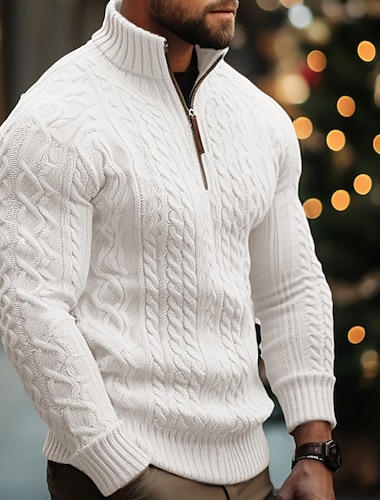  Men's Pullover Sweater Jumper Cable Knit Regular Knitted Quarter Zip Plain Stand Collar Modern Contemporary Xmas Work Clothing Apparel Winter Black White M L XL