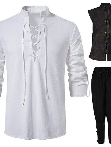  中世のシャツとセット、海賊パンツ、ベスト3点衣装、ナイトリッター、バイキング、ケルト騎士、メンズルネサンス、17世紀のコスプレ衣装、LARPパーティー、カジュアル、デイリールネッサンスフェア。