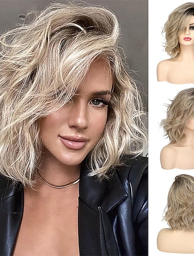  14 inch Short Curly Wavy Bob Wigs for Women Dirty Blonde Wavy Wigs with Side Bangs Synthetic Hair Wig