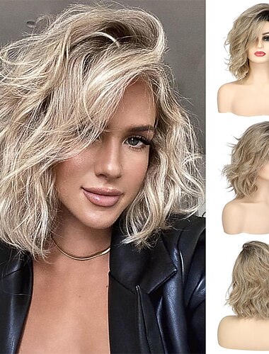  14 inch Short Curly Wavy Bob Wigs for Women Dirty Blonde Wavy Wigs with Side Bangs Synthetic Hair Wig