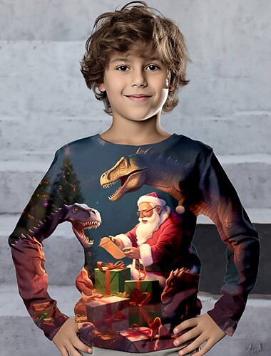  Jul Gutt 3D julenissen Dinosaur Jule T-skjorte T-skjorte Skjorter Langermet 3D-utskrift Høst Vinter Sport Mote Gatemote Polyester Barn 3-12 år Crew-hals utendørs Avslappet Daglig Normal