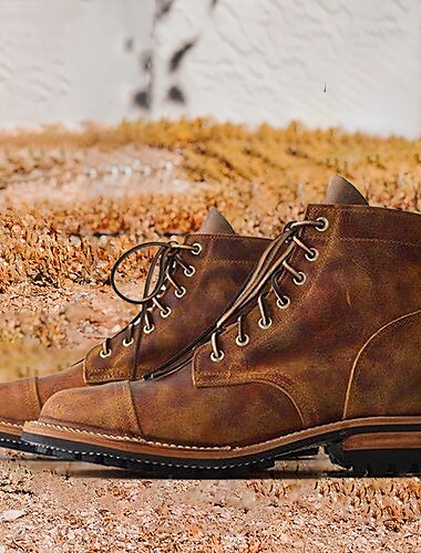  bottes à lacets vintage en similicuir pour hommes, bottines durables et élégantes pour l'extérieur et les vêtements décontractés, chaussures artisanales de haute qualité avec semelle robuste