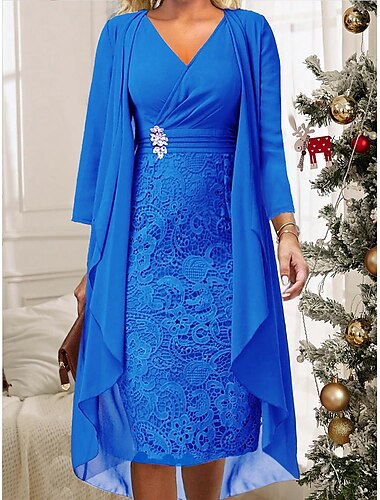  Mujer Conjunto de vestido de dos piezas Vestido de encaje Vestido informal Vestido de raso Noche Elegante Casual Encaje Vestido Midi Escote en Pico Manga Larga Plano Ajuste regular Vino Azul Piscina