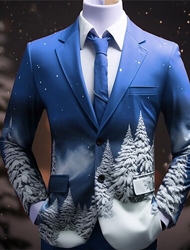  Crăciun bărbați scenă de Crăciun cu imprimeu blazere tree business coat blazer cald respirabil îmbrăcăminte confortabilă de lucru la lucru ieșire cu nasturi imprimeu cu mai multe buzunare, potrivire