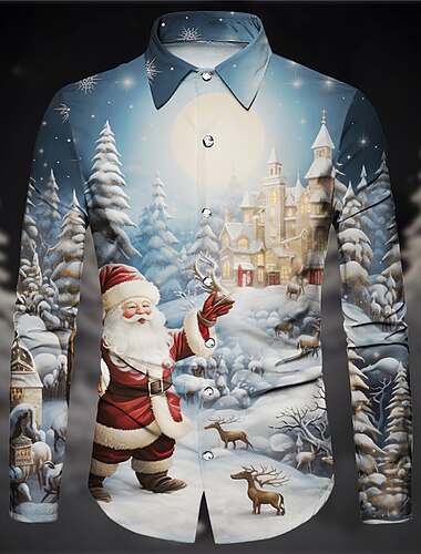  christmas menn julenissen trykte skjorter julenissen casual daglig slitasje går ut høsten &amp; vinter turndown lange ermer marineblå, blå, himmelblå s, m, l 4-veis stretch stoff jul