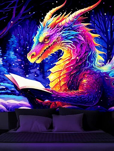  Tapisserie à lumière noire réactive aux UV qui brille dans le noir, décoration murale suspendue en forme de dragon, livre psychédélique, trippant et brumeux, pour salon, chambre à coucher