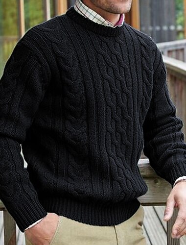  Herren Pullover Kleid Pullover Zur Seite fahren Gedrehtes Stricken Strick Glatt Rundhalsausschnitt warm halten Brautkleider schlicht Freizeitskleidung Urlaub Bekleidung Herbst Winter Schwarz Blau M L