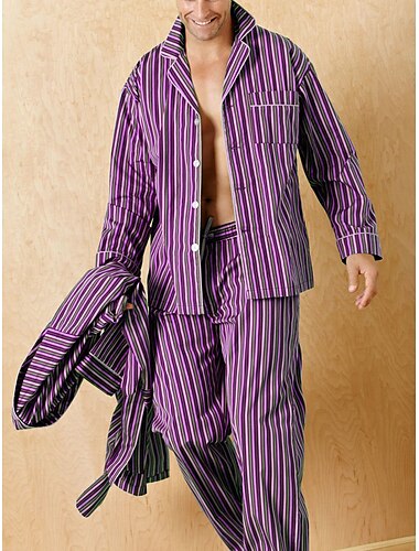  Herren Hausanzug Schlafanzüge Schlafanzug Set Pyjama-Oberteil und Hose 2 Stück Streifen Stilvoll Brautkleider schlicht Komfort Heim Täglich Polyester Komfort Kargen Langarm Hemd Hose Kordelzug