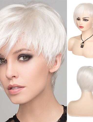 krátká bílá paruka pixie přírodní rovná asymetrická paruka halloween cosplay kostýmní paruka syntetická tepelně odolná paruka pro ženy (krémově bílá)   krátká bílá paruka pixie přírodní rovná asymetrická paruka halloween cosplay kostýmní paruka syntetická tepelně odolná paruka pro ženy (krémově bílá)