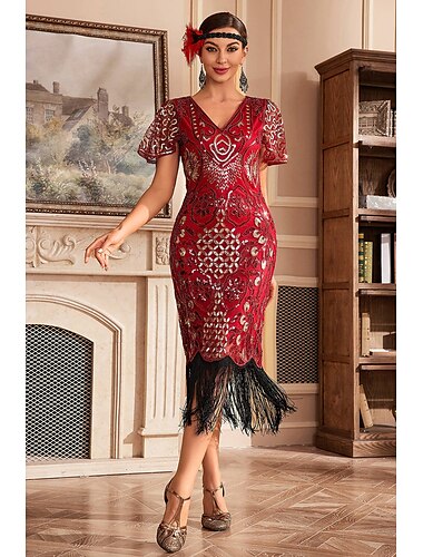  Retro / vintage Glada 20-talet 1920-talet Flapper-klänning Klänningar Maskerad Den store Gatsby Bröllopsgäst Paljetter Tofs Dam Maskerad Bröllop Bröllopsgäst Fest / afton Vuxna Klänning