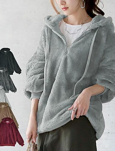  Dámské Pevná barva Teplé Teddy Fuzzy Dlouhý rukáv Mikina Poloviční zip Běžné topy ulice Ležérní Šňůrky Přední kapsa Čtvrtletní zip Černá Fialová Tmavě šedá Kávová Šedá Podzim zima