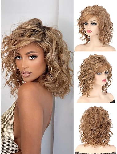  Perruques bob ondulées courtes et bouclées de 14 pouces pour femmes, perruques ondulées blondes ombrées avec frange latérale, perruque de cheveux synthétiques