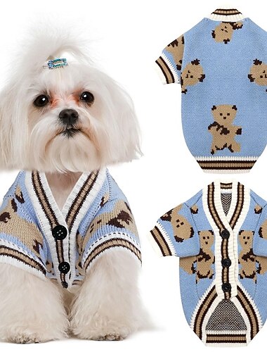  suéter fofo para cachorro macio quente outono inverno com decote em v roupas de cachorrinho de malha engraçado urso estampado suéteres cachorrinhos com mangas roupas azuis para animais de estimação