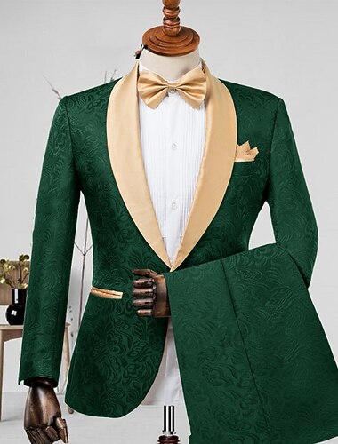  Mænds Bryllup vinterbryllup Jakkesæt Smoking revers Sjalrevers Sort Champagne Jacquard Floral Skræddersyet 2 dele sæt Enkeltbrystet med én knap