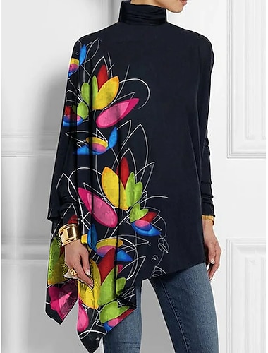  Damen T Shirt Blumen Modisch Langarm Stehkragen Lange Oberteile Festtage Wochenende Bedruckt Asymmetrisch Schwarz Gelb Rote Blau Purpur Frühling & Herbst