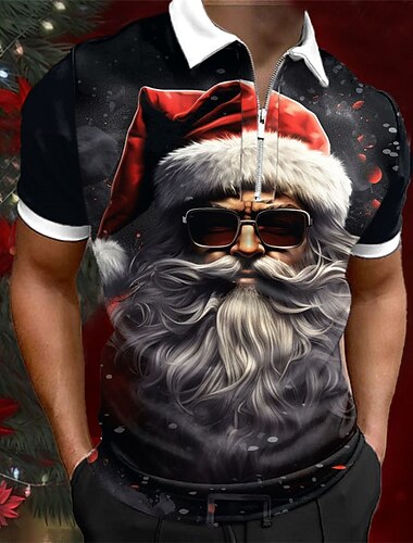  craciun barbati mos craciun polo cu fermoar 3d mos craciun imprimeu casual 3d fermoar golf imbracaminte de zi cu zi in aer liber streetwear poliester maneca scurta cu fermoar turndown camasi negru