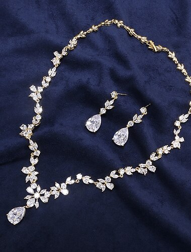  اطقم ذهب و مجوهرات 1SET مكعب زركونيا نحاس 1 قلادة أقراط نسائي ترف أنيق قطرة مجموعة مجوهرات من أجل زفاف مناسب للحفلات الذكرى السنوية