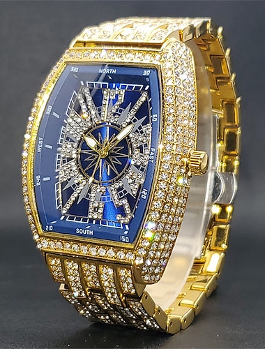  Iced Out Quartz Horloge Voor Mannen Vrouwen Grote Pols Volledige Diamond Quartz Horloges Heren Blauw Gezicht Hip Hop Accessoires Waterdicht reloj Hombre