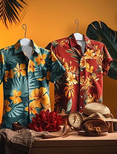  Herren Blumen Tropische Blumen Hemd Hawaiihemd Sommerhemd Aloha-Shirt Kurzarm Hemd Umlegekragen Hawaiianisch Brautkleider schlicht Outdoor Strasse Casual Burgunderrot Grün S M L