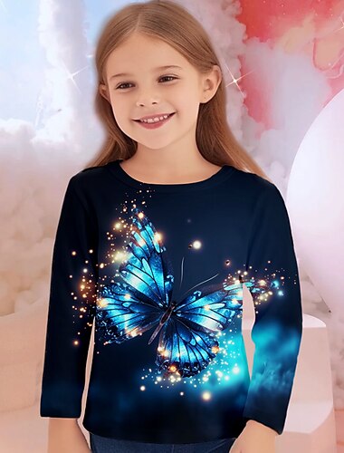  Mädchen 3D Tier Schmetterling T-Shirt Langarm 3D-Druck Frühling Herbst Winter Aktiv Sport Modisch kinderkleidung 3-12 Jahre Outdoor Täglich Innen Regular Fit