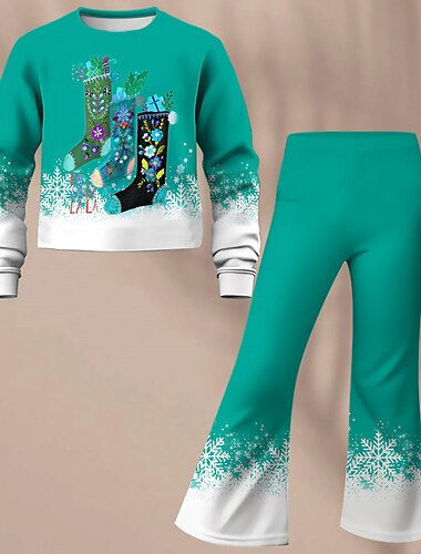  Jul Jente 3D Snøfnugg Julesett Sweatshirt & Flare buksesett Langermet 3D-utskrift Høst Vinter Aktiv Mote Daglig Polyester Barn 3-12 år Crew-hals utendørs Stevnemøte Feriereise Normal