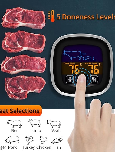  ميزان حرارة اللحوم الرقمي مع شاشة لمس LCD كبيرة مع مسبار طويل ومؤقت المطبخ ومقياس حرارة الشواء وطهي الطعام ومقياس حرارة اللحوم قراءة فورية لفرن المطبخ المدخن والشواء