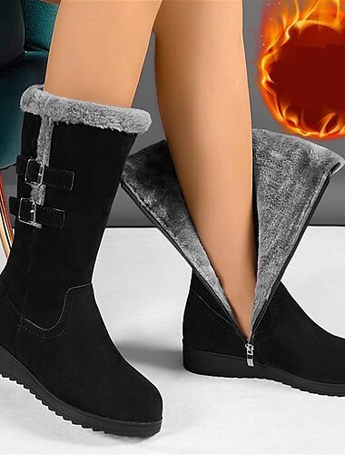  Women's Boots Snow Boots Suede Shoes Winter Boots Daily Solid Color Fleece Lined Mid Calf Boots Winter Flat Heel Round Toe Vintage Casual Minimalism Faux Suede Zipper Black