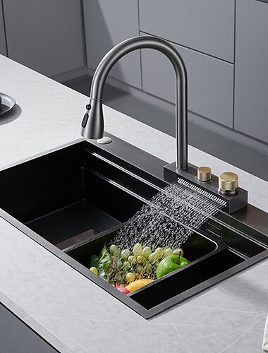  5-режимный кухонный смеситель-водопад со светодиодным индикатором температуры, современные многофункциональные выдвижные/опускные кухонные смесители для кухонной мойки, внутренняя часть керамического клапана