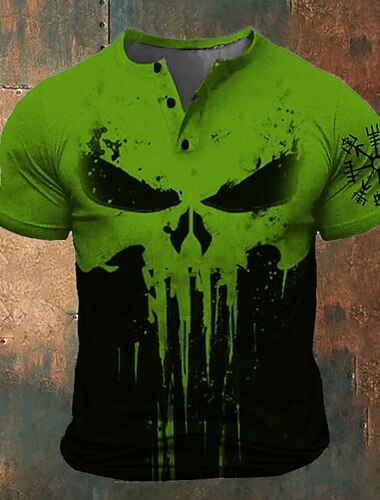  Herre Grafisk Dødningehoveder Viking T-shirt Henley-skjorte Kortærmet 3D-udskrivning Mode Klassisk Retro / vintage Sport & Udendørs Ferie I-byen-tøj Forår sommer Blå Hvid Rød Brun Grøn Henley Henley