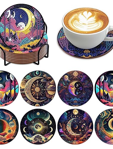  Juego de posavasos de pintura de diamantes de 6 u 8 piezas, kits de posavasos redondos con soporte, posavasos antideslizantes para adultos, kits de pintura de diamantes