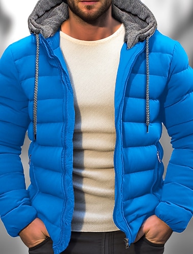  Men's Winter Coat Puffer Jacket Pocket Hooded Office & Career Date Casual Daily Warm Winter Color Block Black Red Navy Blue Blue Puffer Jacket