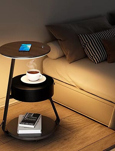  bijzettafeltje met lamp, vloerlamp met tafel eraan, rustiek nachtkastje met lade en draadloos opladen voor slaapkamer, woonkamer 110-240v