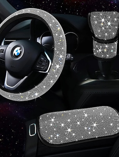  3-delige bling autoaccessoireset voor dames, bling stuurwielhoezen universeel geschikt voor 15 inch
