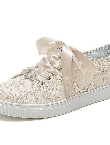  Braut-Spitzen-Hochzeits-Sneaker – elegante elfenbeinfarbene Low-Top-Sneaker mit Satinband-Schnürsenkeln und Strass-Details für Bräute und besondere Anlässe