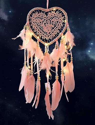  Herzförmige Traumfänger mit LED-Lichtern handgefertigte Federlichter Wand romantische Dekoration für Weihnachtsgeschenke für Jungen Mädchen Kinderzimmerdekoration