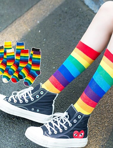  calcetines unisex 100% algodón calcetines a rayas arcoíris, cómodos&amp; calcetines de tubo medio transpirables, medias de mujer&amp; calcetería