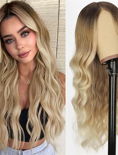 blond peruka dla kobiet, długa, falista, koronkowa linia włosów, blond peruka, syntetyczna część środkowa, ombre, blond peruki na codzienną imprezę