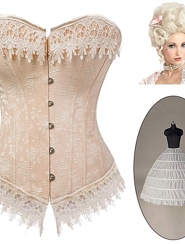  Conjunto con corsé rococó sobre el pecho pelucas rubias enagua falda de aro 3 piezas trajes barrocos encaje de mujer control de barriga push up jacquard cosplay disfraz talla grande mascarada