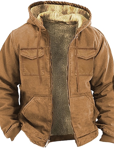  Men's Full Zip Hoodie Hoodie Jacket Fuzzy Sherpa Army Green Brown Khaki Hooded Color Block Pocket Sports & Outdoor Daily Holiday Vintage Cool Casual Fall & Winter Clothing Apparel Hoodies Sweatshirts