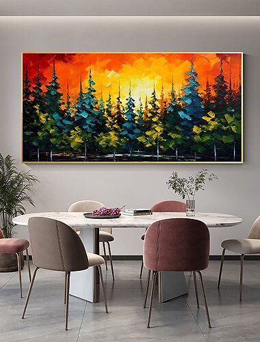  Handgemalte Wandkunst, Original-Waldölgemälde auf Leinwand, handgemachtes Sonnenuntergangslandschaftsgemälde, abstraktes buntes Baumgemälde, Wandkunst, Heimdekoration, Dekor, gerollte Leinwand, ohne