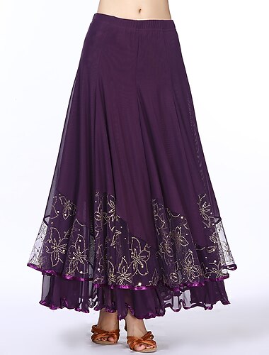  ריקודים סלוניים חצאיות הדפסה צבע טהור קפלים בגדי ריקוד נשים הצגה הדרכה ללא שרוולים גבוה פוליאסטר