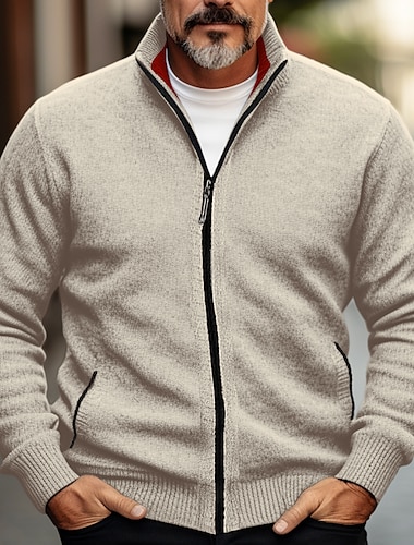  Men's Cardigan Sweater Zip Sweater Chunky Cardigan Ribbed Knit Cropped Pocket Knitted Color Block Stand Collar Warm Ups Modern Contemporary Casual Daily Wear Clothing Apparel Fall Winter Black Red S