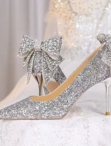  Sapatos de casamento para noiva, dama de honra, mulheres, bico fechado, bico fino, prata pu, com glitter, laço, estilete, salto alto, festa de casamento, dia dos namorados, sapatos brilhantes, elegante, clássico