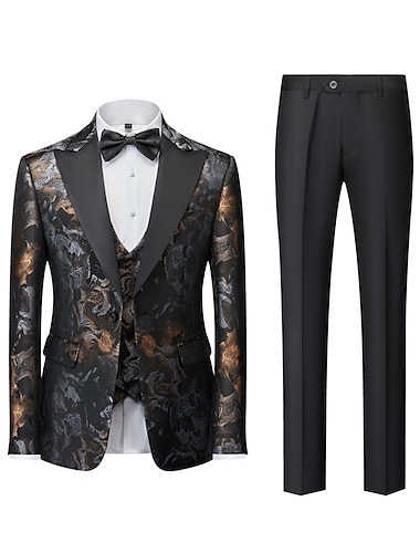  Trajes de fiesta para hombre negro amarillo patrón brillante ajuste estándar 3 piezas de una fila y un botón
