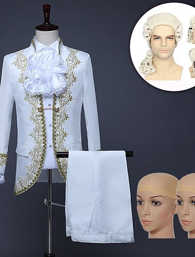  Set mit Mantel, Hose, Kragen, Ärmeln, Kolonial-Perücke, 2 Perückenkappen, Retro-Vintage-Rokoko, mittelalterliches Ballkleid-Outfits, Maskerade, Prinz Aristokrat, Herren-Spitze-Volant, schmale