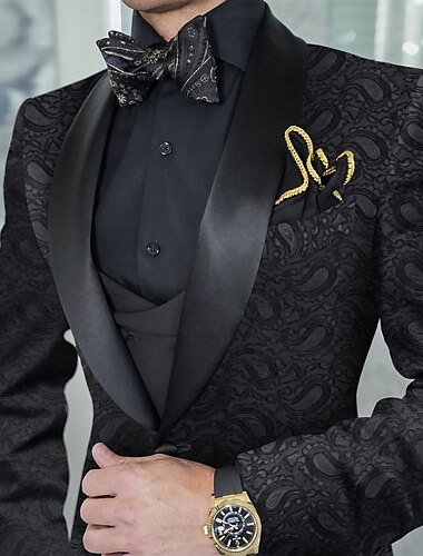  חליפות נשף שחורות לגברים טוקסידו מסיבת חתונה לנשף טוקסידו 3 חלקים צווארון צעיף פרחוני אקארד בתוספת מידה בהתאמה אישית עם כפתור אחד עם חזה אחד 2024