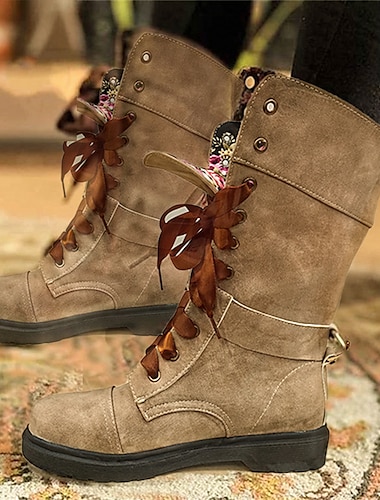  Botas de combate con cordones y cierre de velcro para mujer con forro floral y detalle de cinta: perfectas para salidas informales, festivales y uso diario.