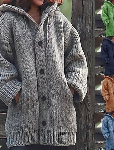 Gilet Maille Femme Grosse maille Tricoter Tunique Bouton Tricoté Couleur unie Capuche basique Casual du quotidien Fin de semaine manche longue Hiver Automne Vert Jaune S M L / Ouvrir le devant