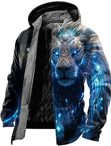  Hombre Animal León Sudadera Sudaderas Sudadera con cremallera Manga Larga Sudadera con capucha Con Capucha Diario Impresión 3D Festivos Vacaciones Noche Rojo Azul Piscina Vellón Invierno Diseñador