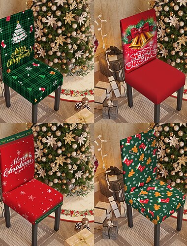  クリスマスダイニングチェアカバー、ストレッチクリスマスパーソンズチェアスリップカバーシートプロテクター洗えるスパンデックスキッチンチェアカバーダイニングルーム用